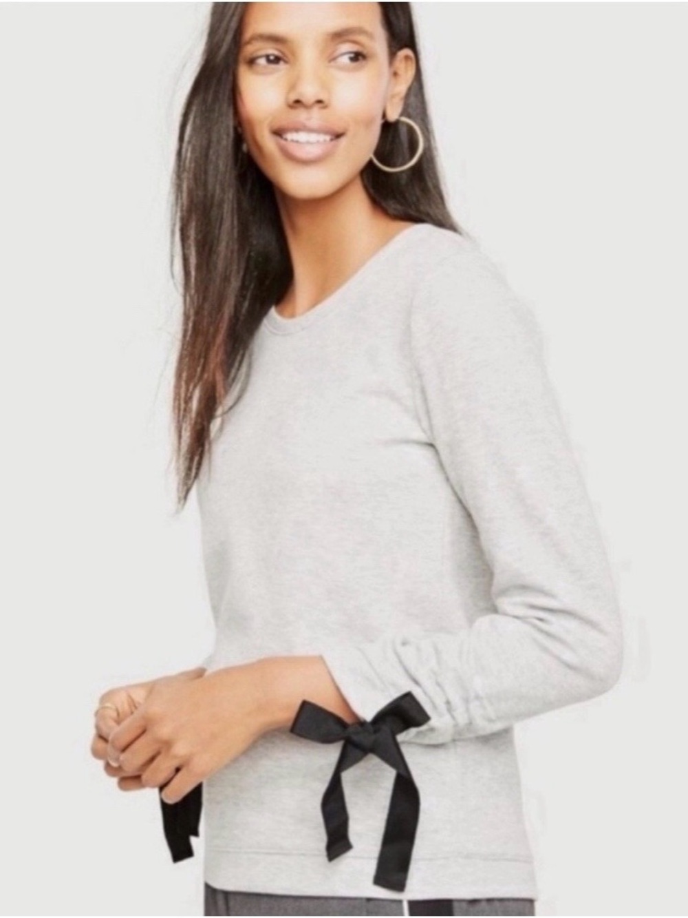 Ann Taylor Warm Grey Heather Bow Tie Sleeve Sweatshirt